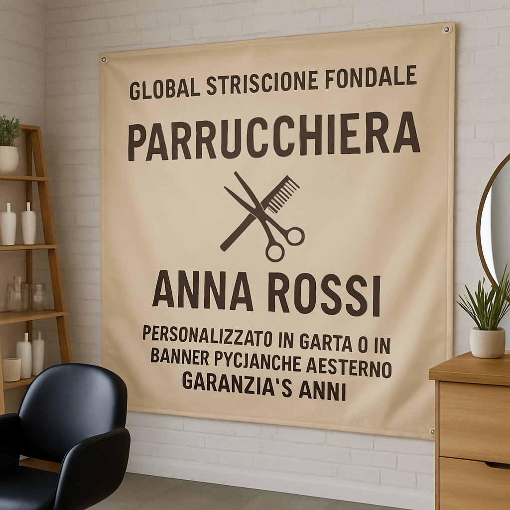 GLOBAL STRISCIONE FONDALE ATTIVITÀ - PARRUCCHIERA - PERSONALIZZATO IN CARTA O IN BANNER PVC ANCHE DA ESTERNO GARANZIA 5 ANNI - 01 ambientata