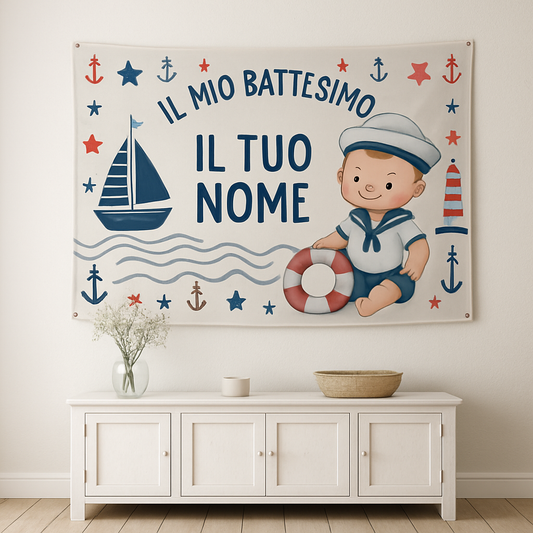 BANNER STRISCIONE BATTESIMO - Marinaio - CON IL TUO NOME bimbo - 01 ambientata