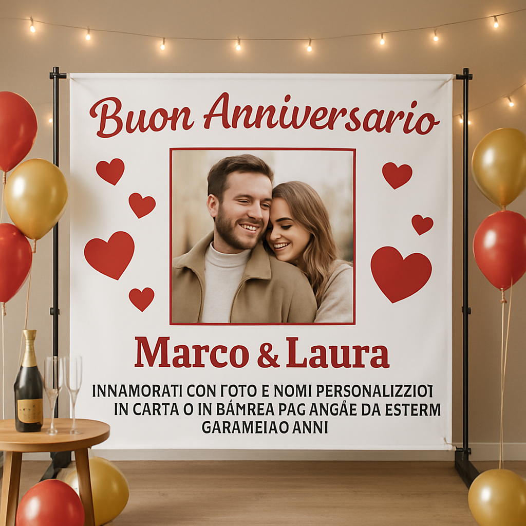 GLOBAL STRISCIONE FONDALE ANNIVERSARIO - INNAMORATI CON FOTO E NOMI PERSONALIZZATI - IN CARTA O IN BANNER PVC ANCHE DA ESTERNO GARANZIA 5 ANNI - 01 ambientata