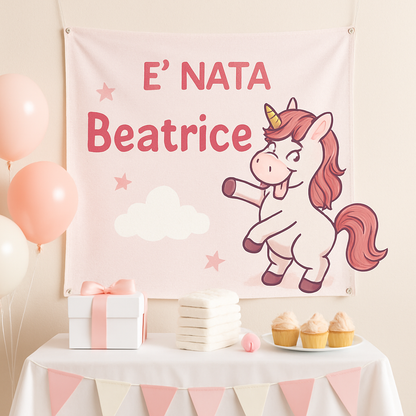 BANNER STRISCIONE NASCITA - Unicorno monello rosa - CON IL TUO NOME bimbo neonato - 01 ambientata