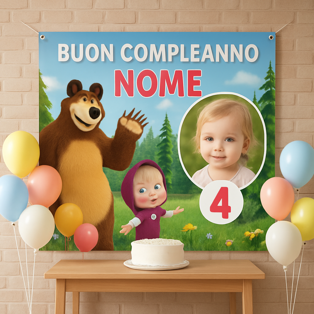 BANNER STRISCIONE compleanno - Masha e Orso MOD 2 - CON NOME foto ed età bimbo/a - 01 ambientata