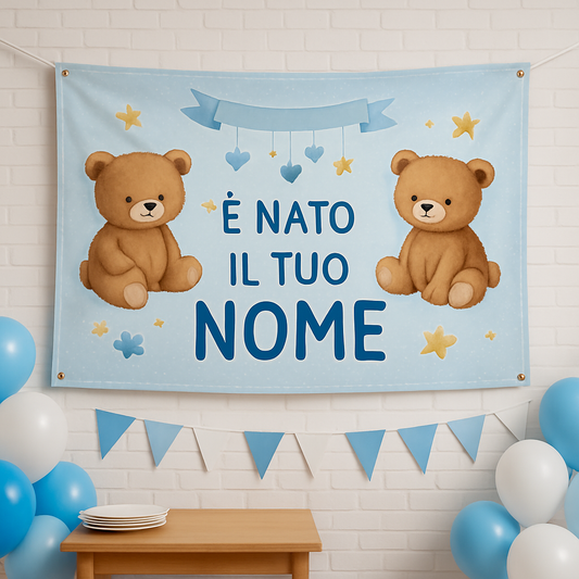 BANNER STRISCIONE NASCITA - Orsetti - CON IL TUO NOME bimbo neonato - 01 ambientata
