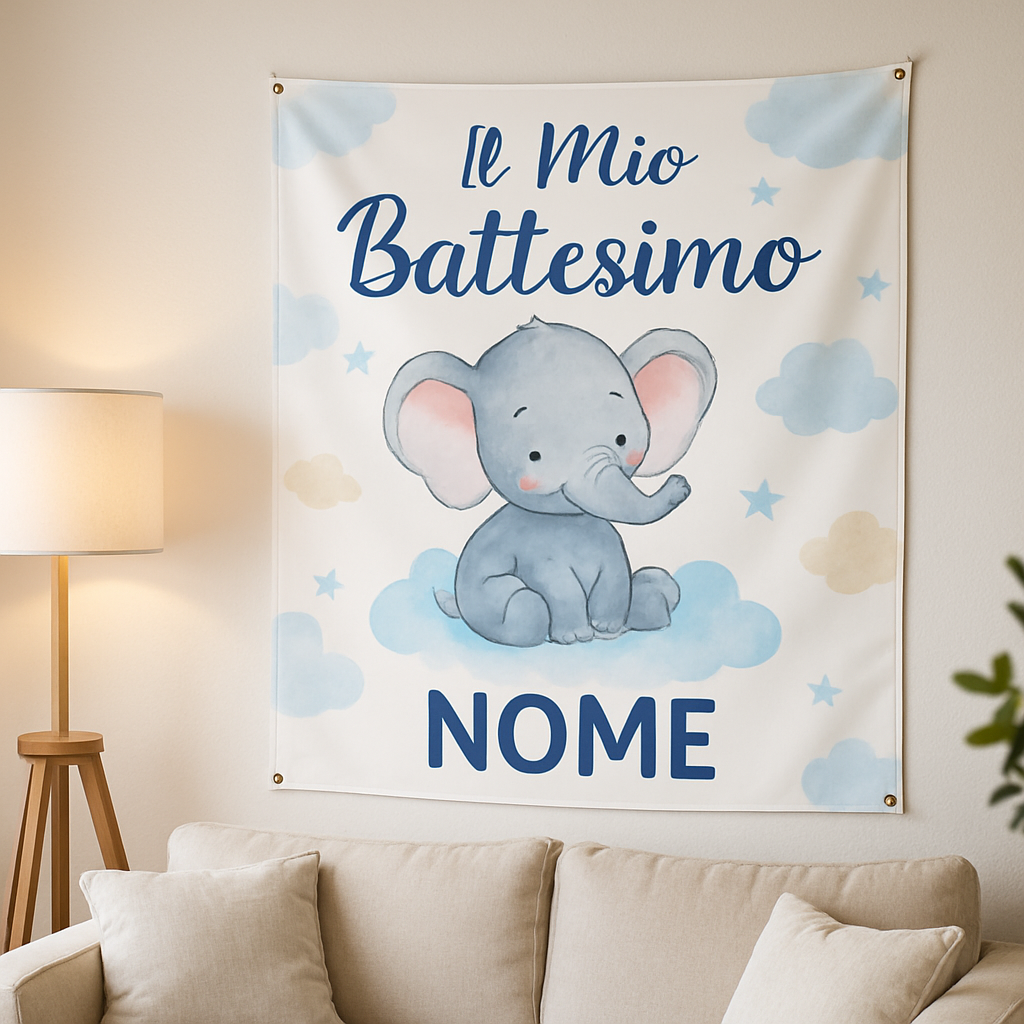BANNER STRISCIONE BATTESIMO - Elefantino mod.2 - CON IL TUO NOME bimbo - 01 ambientata