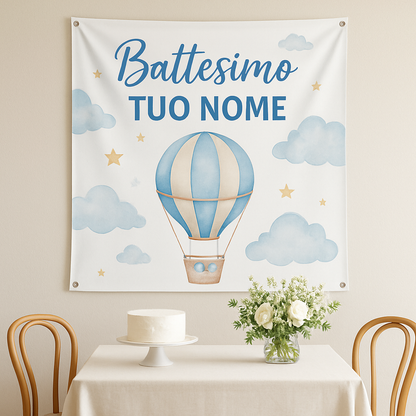 BANNER STRISCIONE BATTESIMO - Battesimo Mongolfiera - CON IL TUO NOME bimbo - 01 ambientata