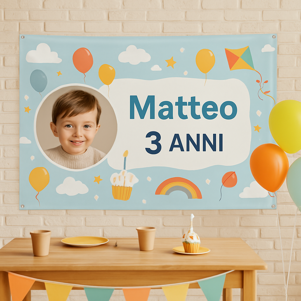 BANNER STRISCIONE compleanno - LEGO - CON FOTO NOME E NUMERO bimbo bambino - 01 ambientata