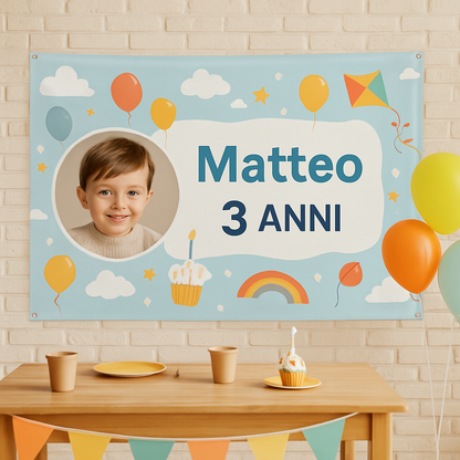 BANNER STRISCIONE compleanno - LEGO - CON FOTO NOME E NUMERO bimbo bambino - 01 ambientata