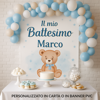 GLOBAL STRISCIONE FONDALE BATTESIMO - Battesimo Orsetto mod 2 - STRISCIONE PERSONALIZZATO IN CARTA O IN BANNER PVC ANCHE DA ESTERNO GARANZIA 5 ANNI - 01 ambientata