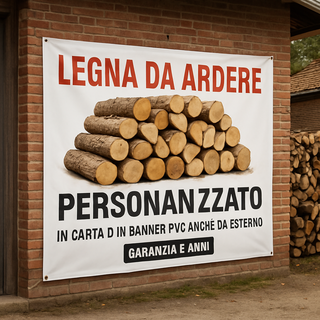 GLOBAL STRISCIONE FONDALE ATTIVITÀ - LEGNA DA ARDERE MOD 2 - PERSONALIZZATO IN CARTA O IN BANNER PVC ANCHE DA ESTERNO GARANZIA 5 ANNI - 01 ambientata