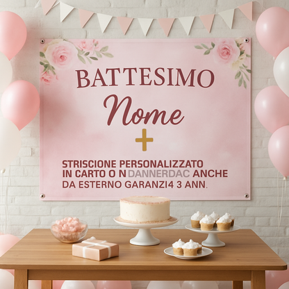 GLOBAL STRISCIONE FONDALE BATTESIMO - Battesimo Pink - STRISCIONE PERSONALIZZATO IN CARTA O IN BANNER PVC ANCHE DA ESTERNO GARANZIA 5 ANNI - 01 ambientata