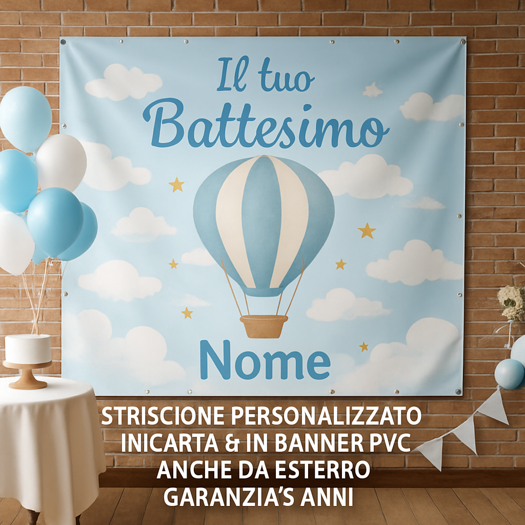 GLOBAL STRISCIONE FONDALE BATTESIMO - Battesimo Mongolfiera - STRISCIONE PERSONALIZZATO IN CARTA O IN BANNER PVC ANCHE DA ESTERNO GARANZIA 5 ANNI - 01 ambientata