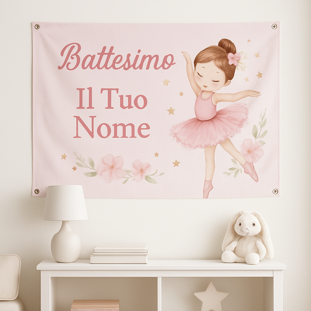 BANNER STRISCIONE BATTESIMO - Ballerina Rosa - CON IL TUO NOME bimbo - 01 ambientata