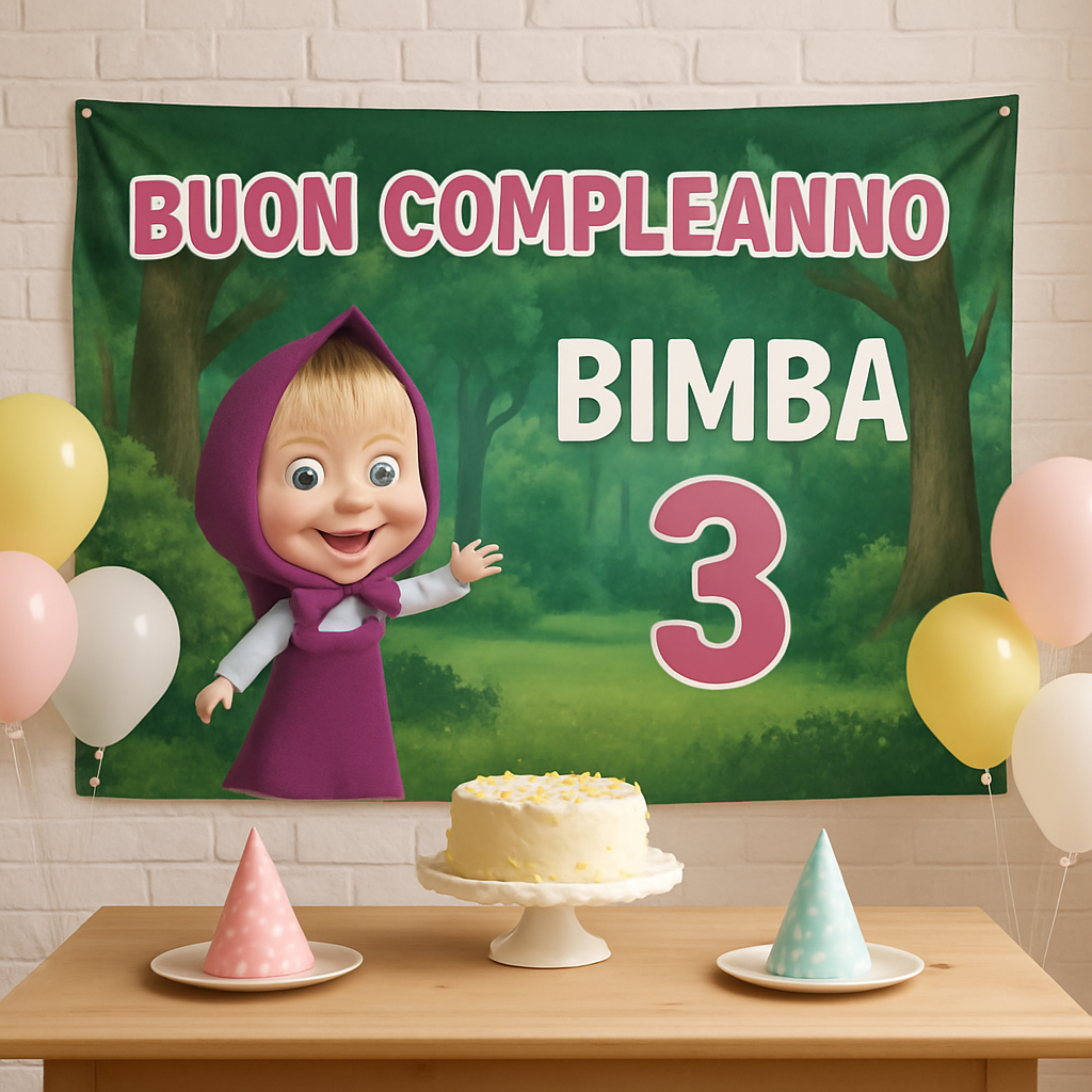BANNER STRISCIONE compleanno - masha e orso- CON NOME ED ETA' bimba bambina BIMB - 01 ambientata