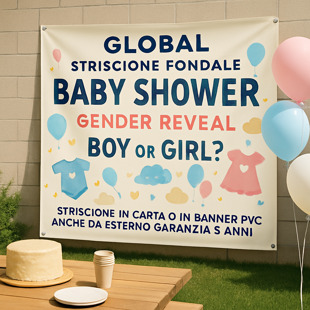 GLOBAL STRISCIONE FONDALE BABY SHOWER - Baby Shower Gender Reveal - STRISCIONE IN CARTA O IN BANNER PVC ANCHE DA ESTERNO GARANZIA 5 ANNI - 01 ambientata