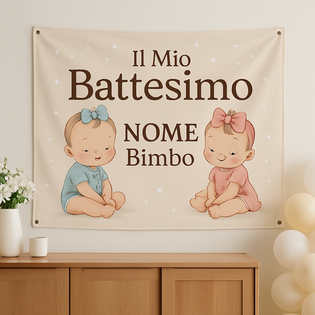 BANNER STRISCIONE BATTESIMO - Gemelli Boy and Girl - CON IL TUO NOME bimbo - 01 ambientata
