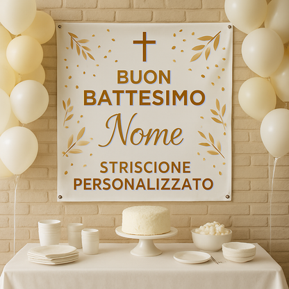 GLOBAL STRISCIONE FONDALE BATTESIMO - Battesimo Gold - STRISCIONE PERSONALIZZATO IN CARTA O IN BANNER PVC ANCHE DA ESTERNO GARANZIA 5 ANNI - 01 ambientata
