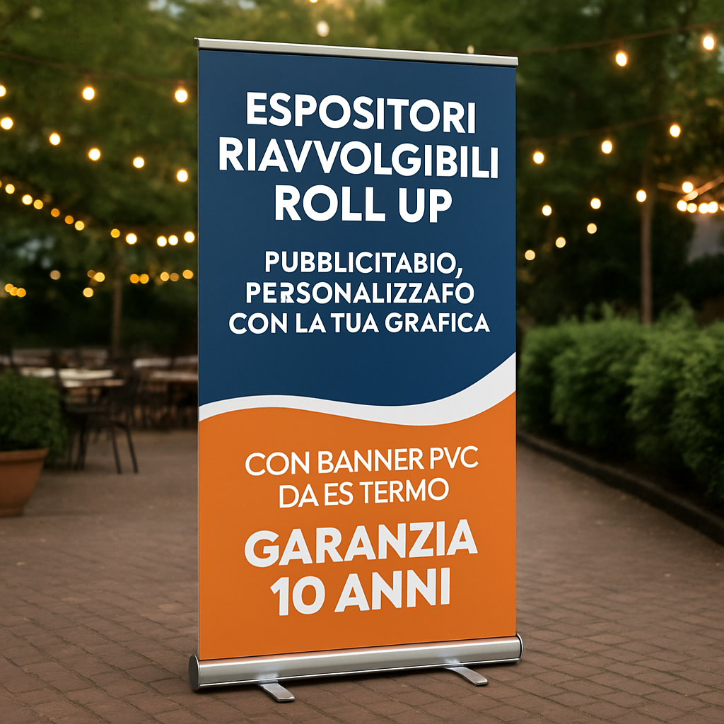 ESPOSITORI RIAVVOLGIBILI ROLL UP - PUBBLICITARIO PERSONALIZZATO CON LA TUA GRAFICA - CON BANNER PVC DA ESTERNO GARANZIA 10 ANNI - 01 ambientata