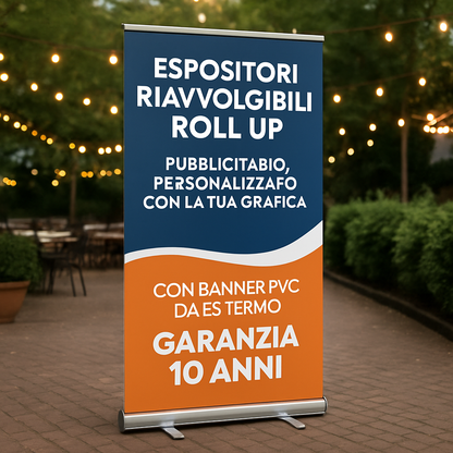 ESPOSITORI RIAVVOLGIBILI ROLL UP - PUBBLICITARIO PERSONALIZZATO CON LA TUA GRAFICA - CON BANNER PVC DA ESTERNO GARANZIA 10 ANNI - 01 ambientata