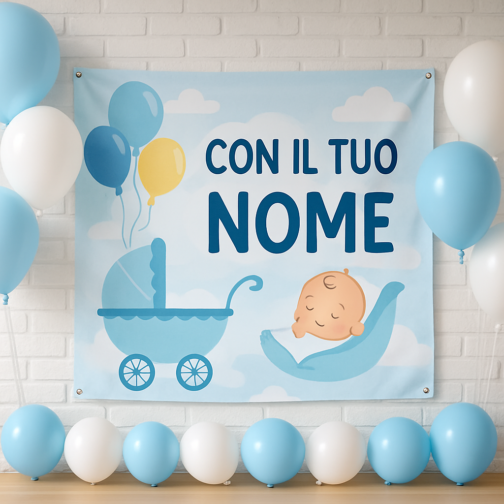 BANNER STRISCIONE NASCITA - Palloncini e carrozina - CON IL TUO NOME bimbo neonato - 01 ambientata