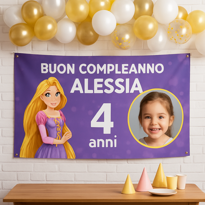 BANNER STRISCIONE compleanno - Rapunzel - CON NOME foto ed età bimbo/a - 01 ambientata
