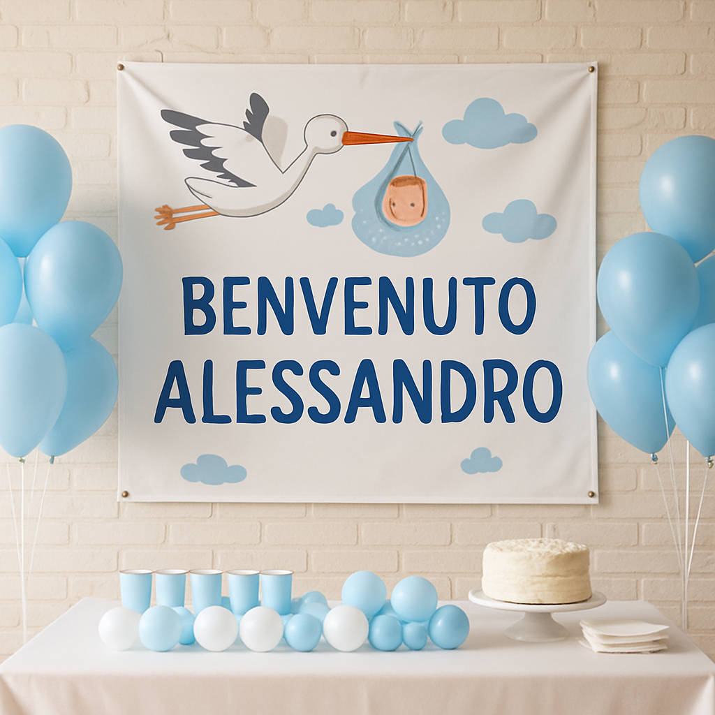 BANNER STRISCIONE NASCITA - Benvenuto con cicogna - CON IL TUO NOME bimbo neonato - 01 ambientata