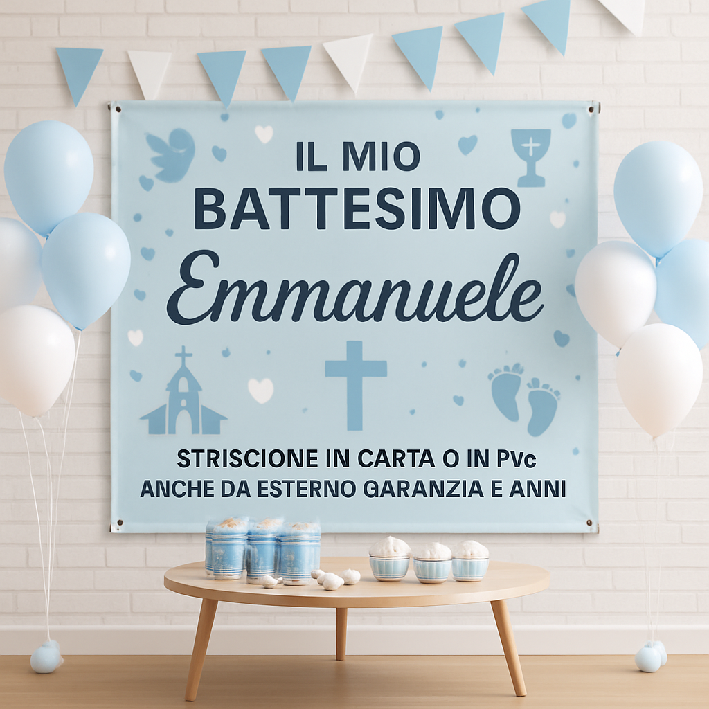 GLOBAL STRISCIONE FONDALE BATTESIMO - Battesimo Blue - STRISCIONE PERSONALIZZATO IN CARTA O IN BANNER PVC ANCHE DA ESTERNO GARANZIA 5 ANNI - 01 ambientata