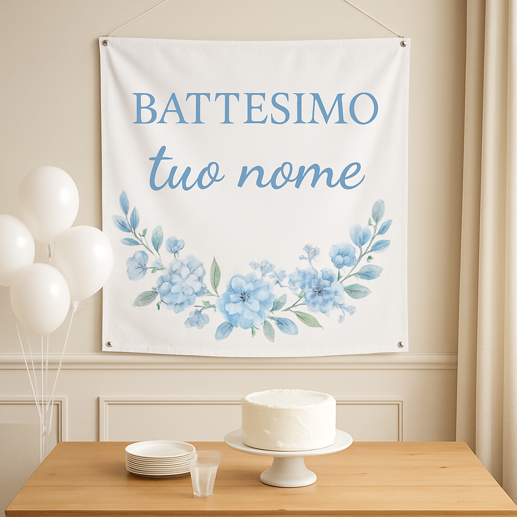 BANNER STRISCIONE BATTESIMO - Battesimo Flower - CON IL TUO NOME bimbo - 01 ambientata