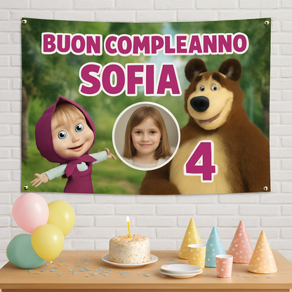 BANNER STRISCIONE compleanno - Masha e Orso - CON NOME foto ed età bimbo/a - 01 ambientata