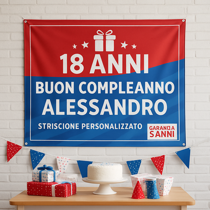GLOBAL STRISCIONE FONDALE COMPLEANNO - 18 Anni Compleanno Rosso e Blu - STRISCIONE PERSONALIZZATO IN CARTA O IN BANNER PVC ANCHE DA ESTERNO GARANZIA 5 ANNI - 01 ambientata
