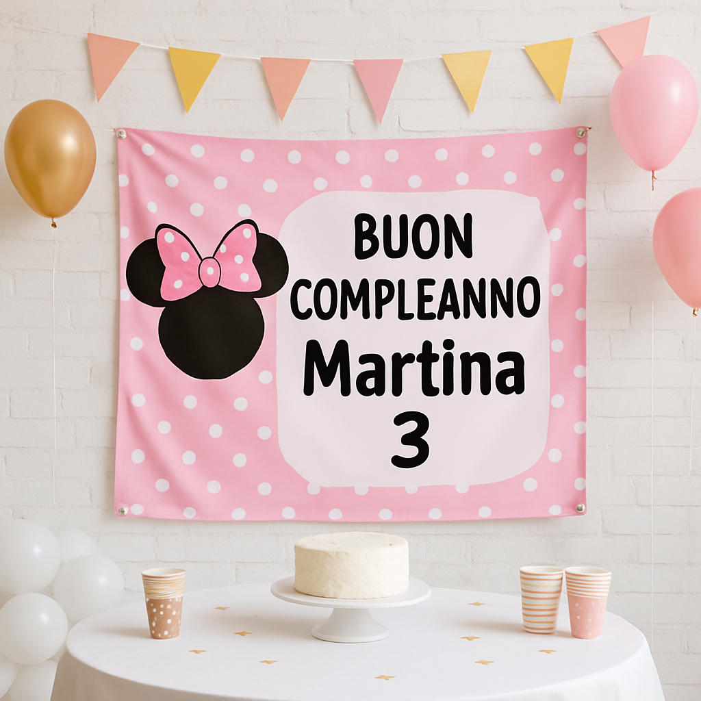 BANNER STRISCIONE compleanno - Minnie Topolina - CON NOME ed età bimbo/a - 01 ambientata