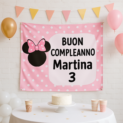 BANNER STRISCIONE compleanno - Minnie Topolina - CON NOME ed età bimbo/a - 01 ambientata