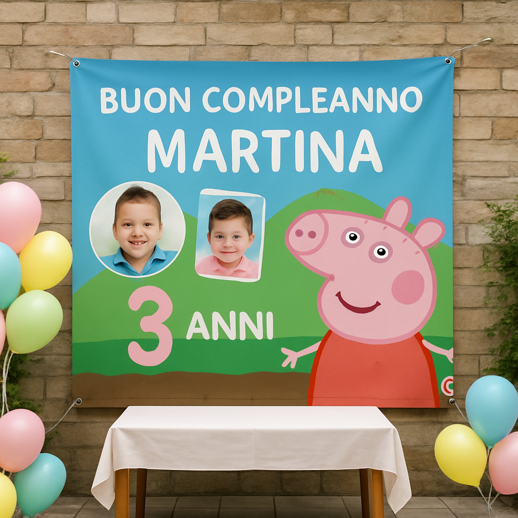 BANNER STRISCIONE compleanno - Peppa Pig - CON NOME foto ed età bimbo/a - 01 ambientata
