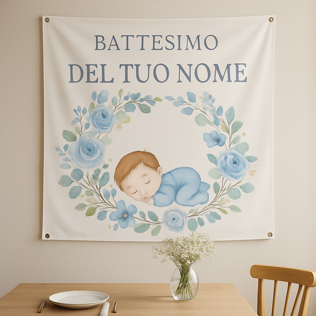BANNER STRISCIONE BATTESIMO - Ghirlanda di fiori - CON IL TUO NOME bimbo - 01 ambientata
