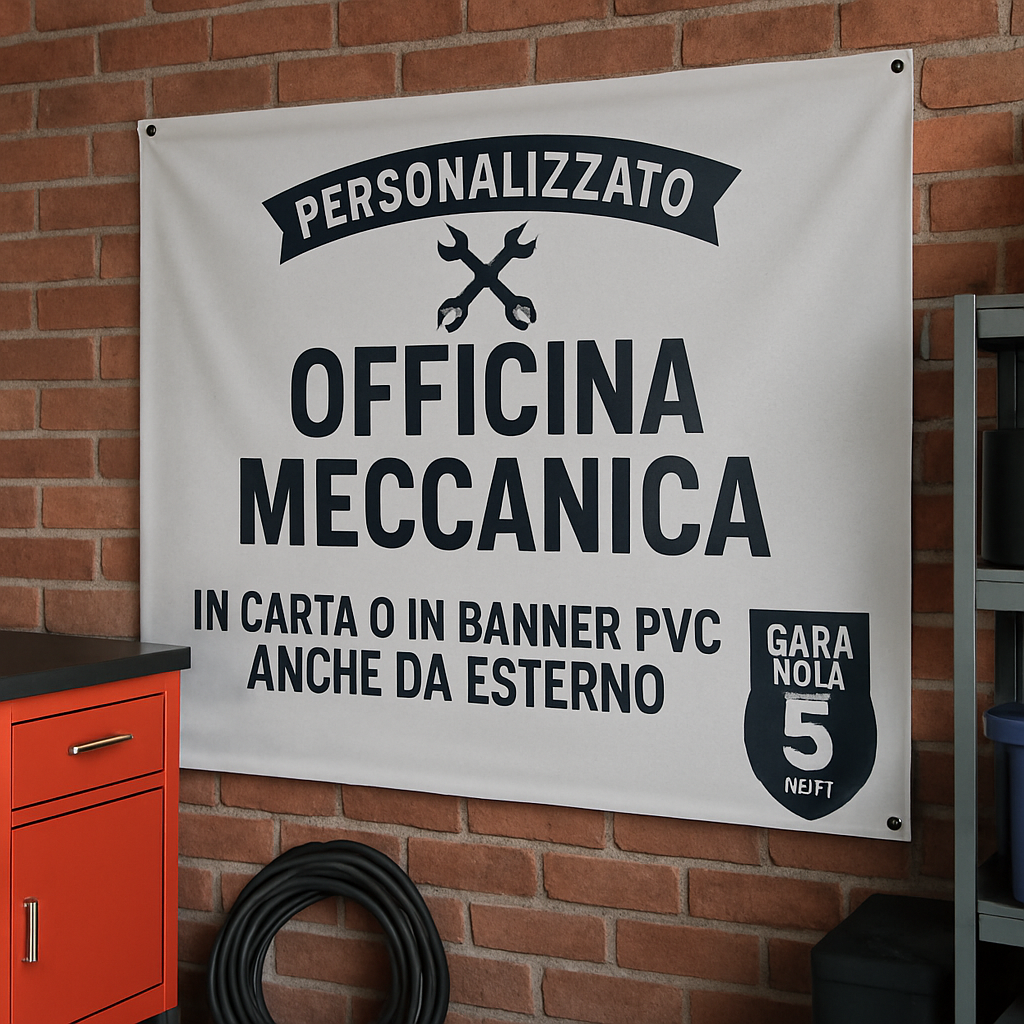 GLOBAL STRISCIONE FONDALE ATTIVITÀ - OFFICINA MECCANICA - PERSONALIZZATO IN CARTA O IN BANNER PVC ANCHE DA ESTERNO GARANZIA 5 ANNI - 01 ambientata