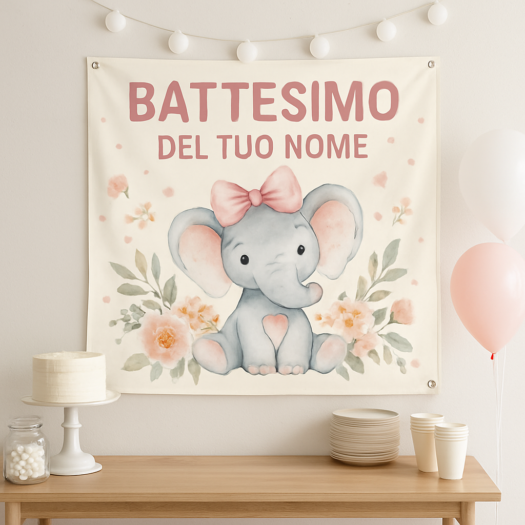 BANNER STRISCIONE BATTESIMO - Elefantina con fiocco - CON IL TUO NOME bimbo - 01 ambientata