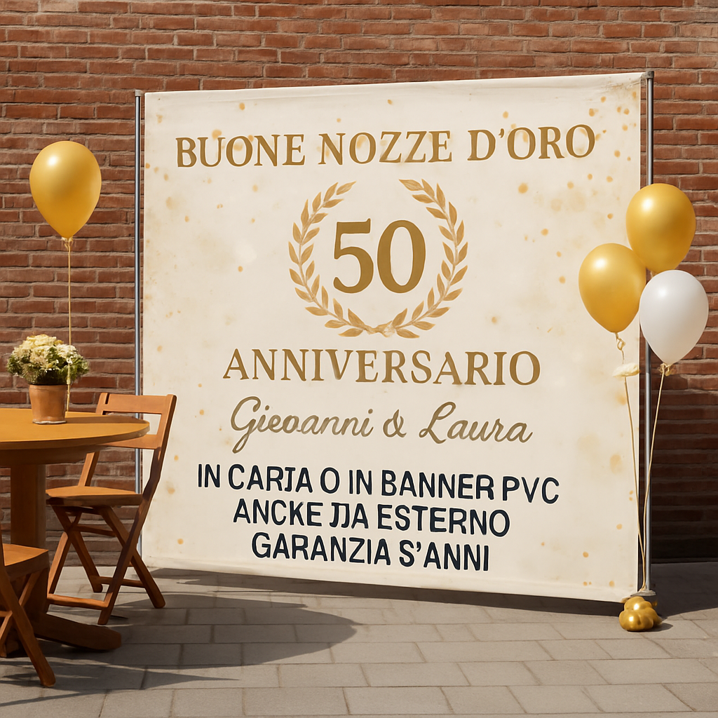 GLOBAL STRISCIONE FONDALE ANNIVERSARIO - NOZZE ORO - IN CARTA O IN BANNER PVC ANCHE DA ESTERNO GARANZIA 5 ANNI - 01 ambientata