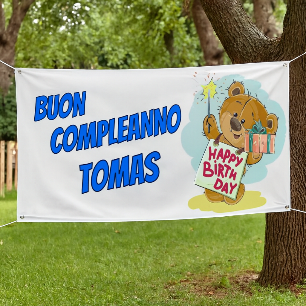 GLOBAL STRISCIONE FONDALE COMPLEANNO - BUON COMPLEANNO - CON NOME PERSONALIZZATO IN CARTA O IN BANNER PVC ANCHE DA ESTERNO GARANZIA 5 ANNI - 01 ambientata