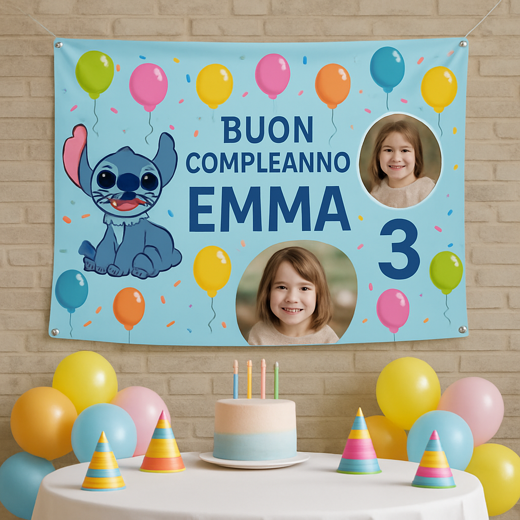 BANNER STRISCIONE compleanno - Stitch - CON NOME foto ed età bimbo/a - 01 ambientata