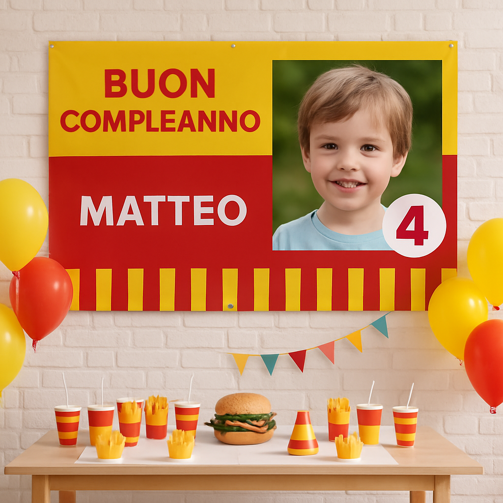 BANNER STRISCIONE compleanno - McDonald’s - CON NOME foto ed età bimbo/a - 01 ambientata