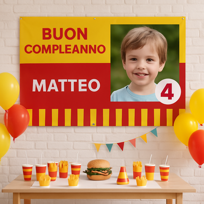 BANNER STRISCIONE compleanno - McDonald’s - CON NOME foto ed età bimbo/a - 01 ambientata