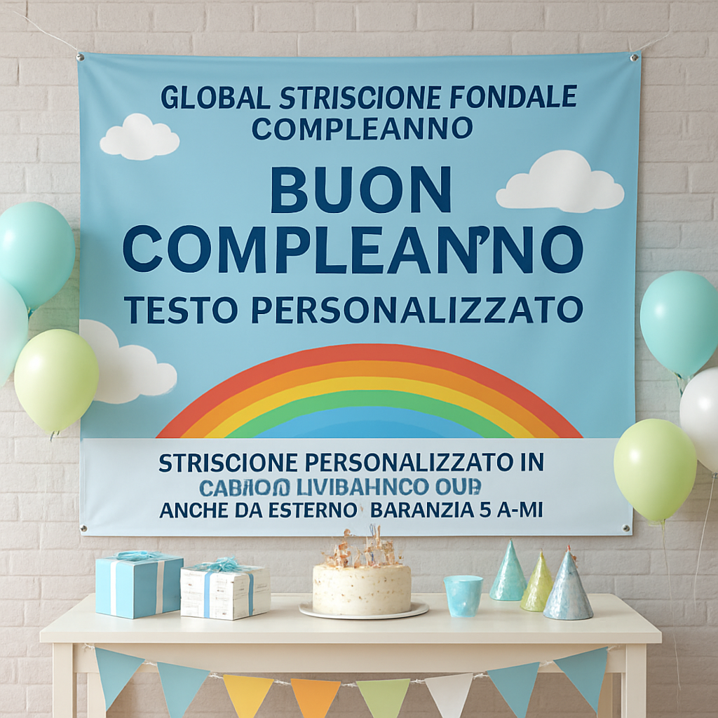 GLOBAL STRISCIONE FONDALE COMPLEANNO - Arcobaleno Azzurro - STRISCIONE PERSONALIZZATO IN CARTA O IN BANNER PVC ANCHE DA ESTERNO GARANZIA 5 ANNI - 01 ambientata