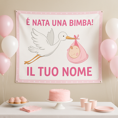 Copia del BANNER STRISCIONE NASCITA - Cicogna con neonata rosa - CON IL TUO NOME bimbo neonato - 01 ambientata