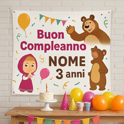 BANNER STRISCIONE compleanno - Masha e Orso Roton - CON NOME ed età bimbo/a - 01 ambientata