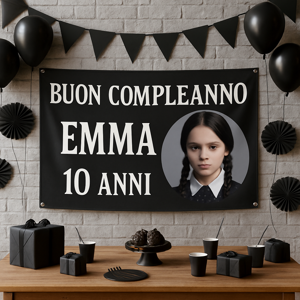 BANNER STRISCIONE compleanno - Mercoledì Addams - CON NOME foto ed età bimbo/a - 01 ambientata