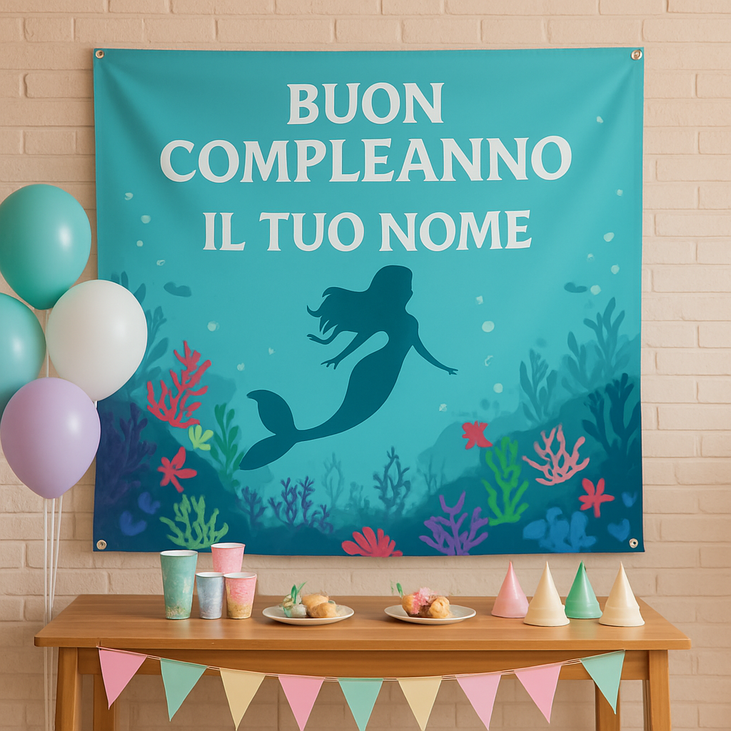 GLOBAL STRISCIONE FONDALE COMPLEANNO - Ariel Sirenetta - STRISCIONE PERSONALIZZATO IN CARTA O IN BANNER PVC ANCHE DA ESTERNO GARANZIA 5 ANNI - 01 ambientata