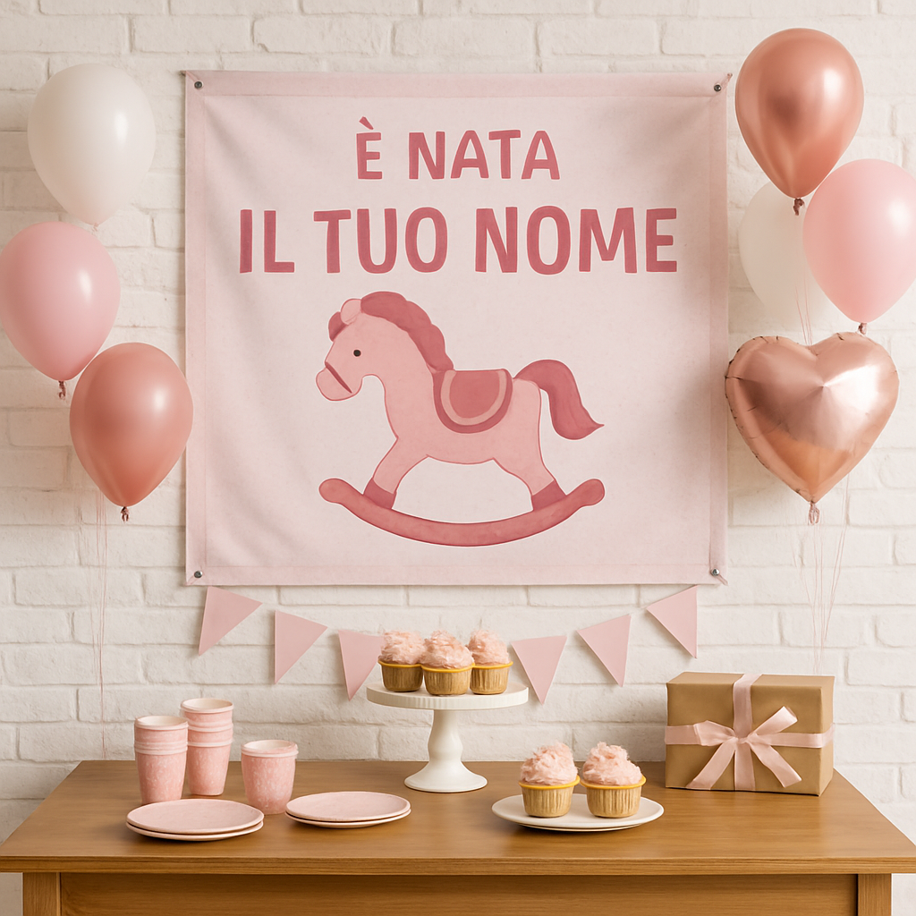 BANNER STRISCIONE NASCITA - Cavalluccio a dondolo Bambina - CON IL TUO NOME bimbo neonato - 01 ambientata