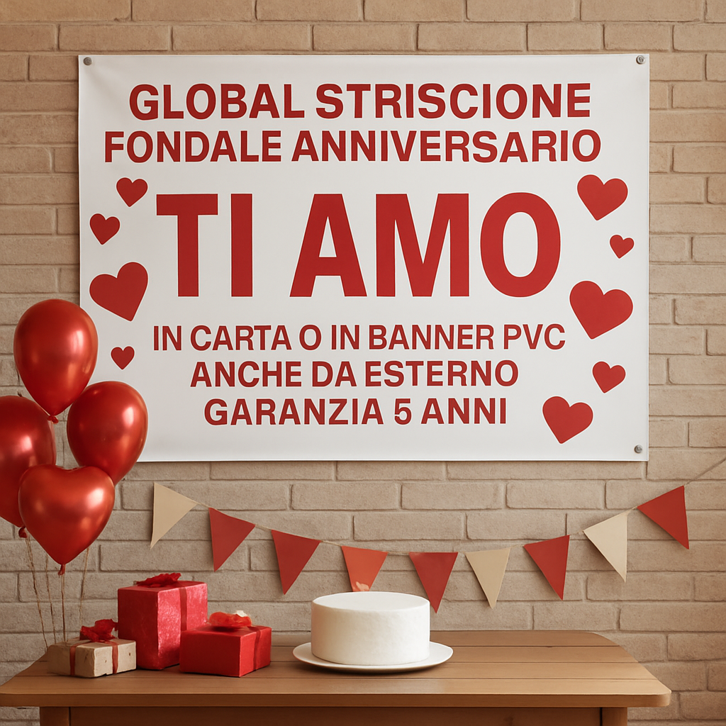 GLOBAL STRISCIONE FONDALE ANNIVERSARIO - TI AMO - IN CARTA O IN BANNER PVC ANCHE DA ESTERNO GARANZIA 5 ANNI - 01 ambientata