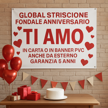GLOBAL STRISCIONE FONDALE ANNIVERSARIO - TI AMO - IN CARTA O IN BANNER PVC ANCHE DA ESTERNO GARANZIA 5 ANNI - 01 ambientata