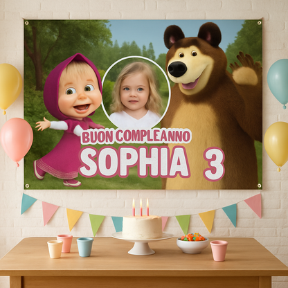 BANNER STRISCIONE compleanno - Masha e Orso MOD 3 - CON NOME foto ed età bimbo/a - 01 ambientata