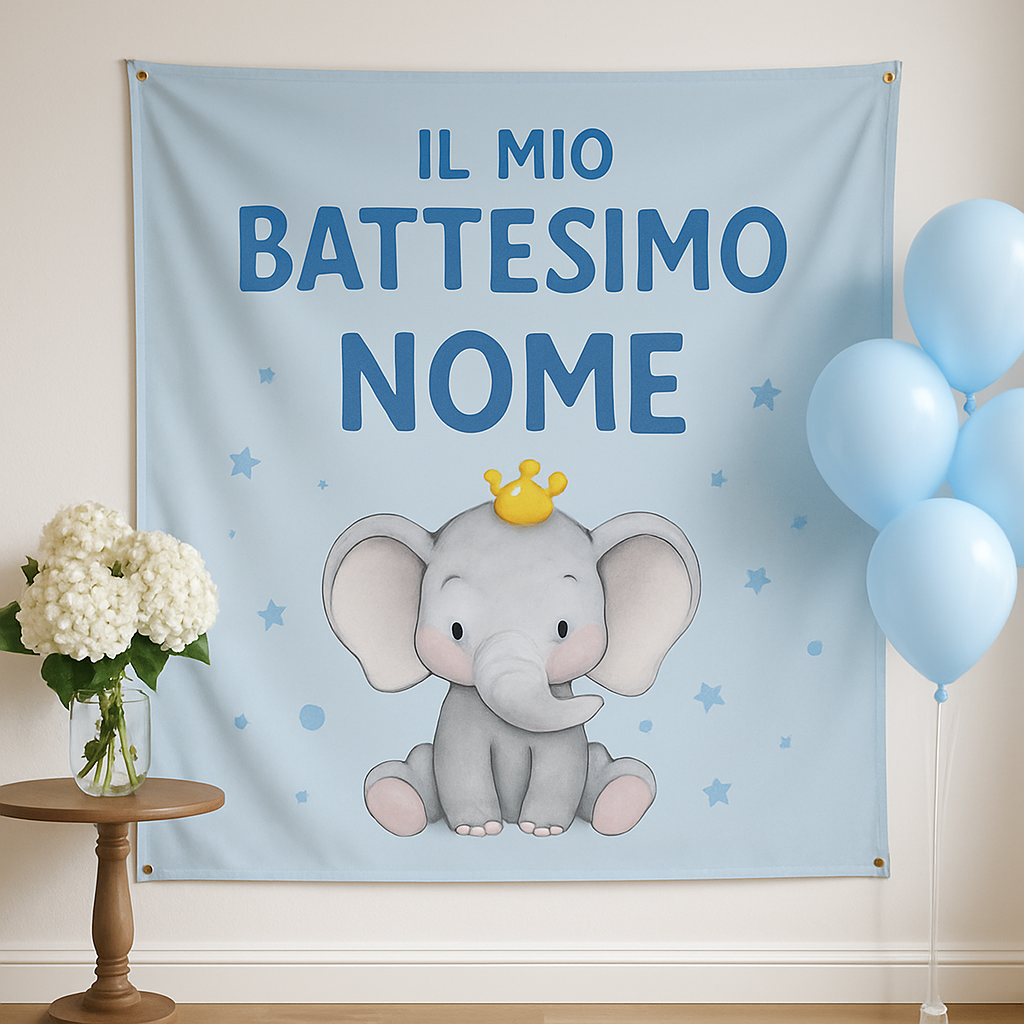 BANNER STRISCIONE BATTESIMO - Elefantino Con corona AZZURRO - CON IL TUO NOME bimbo - 01 ambientata