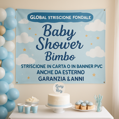 GLOBAL STRISCIONE FONDALE BABY SHOWER - Baby Shower Bimbo - STRISCIONE IN CARTA O IN BANNER PVC ANCHE DA ESTERNO GARANZIA 5 ANNI - 01 ambientata